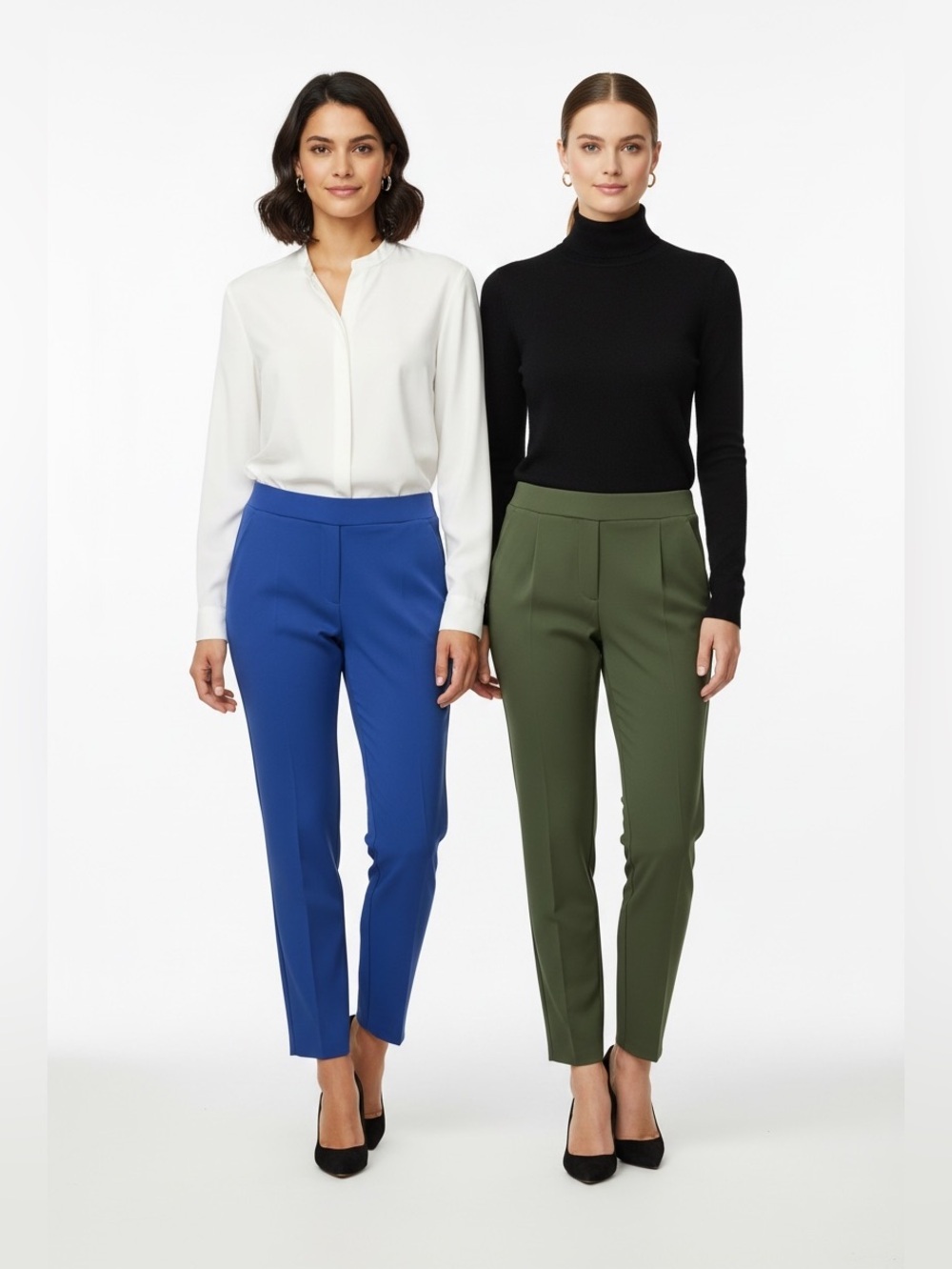 SHEIN Olive Green And Blue Women's Solid Color Regular Fit Pants With Pockets.